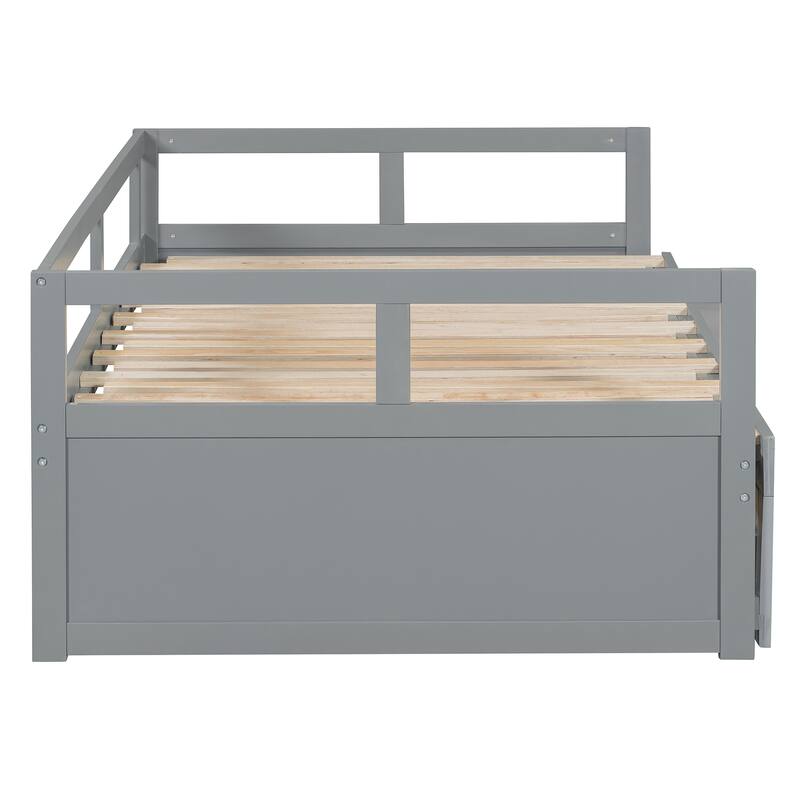 Pine Wood Daybed with Pull-Out Trundle and Two Storage Drawers, Twin to King