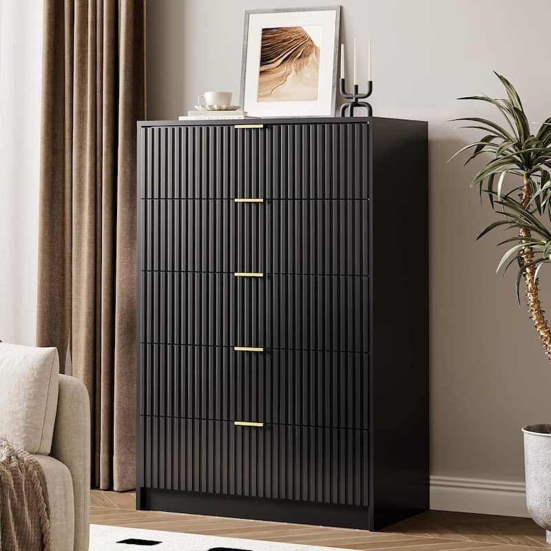 5 Drawer Dresser, 32 Inch Wide Chest with Gold Handles for Bedroom Living Room - Black