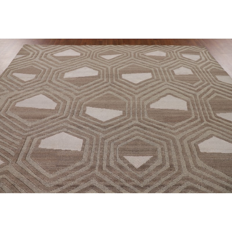 Geometric Modern Oriental Area Rug Handmade Beige Wool Carpet - 9'0" x 11'8"