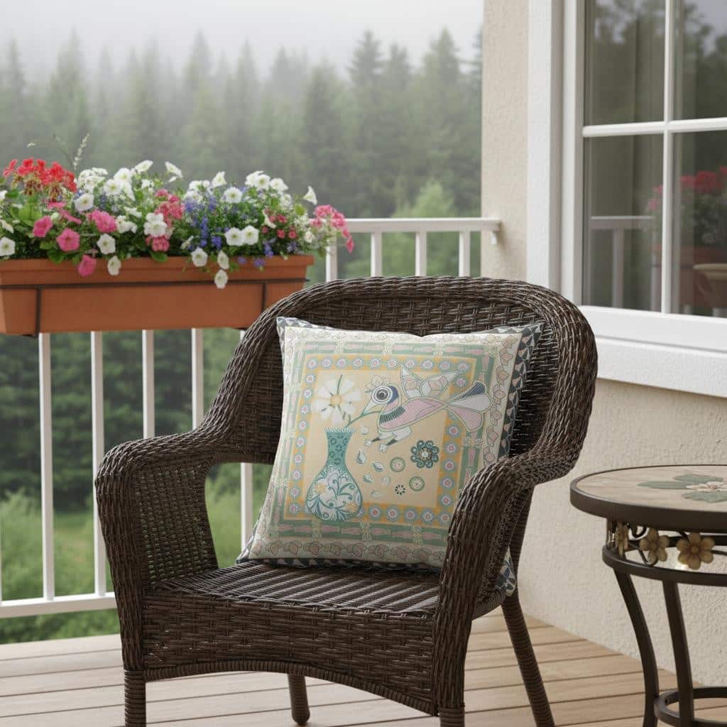 HomeRoots 16" x 16" Beige and Black Peacock Blown Seam Floral Indoor Outdoor Throw Pillow - 16.00' X '5.00' X '16.00