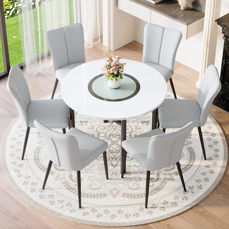 42 Inch Round Dining Table Set for 6, 7-Piece Kitchen Dining Table Set with Lower Storage Shelf, 6 Faux Leather Chairs - Light Gray,White+Black