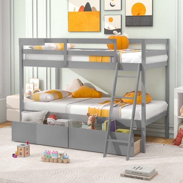 slide 2 of 20, Costway Twin Over Twin Bunk Bed with 2 Storage Drawers Ladder No Box