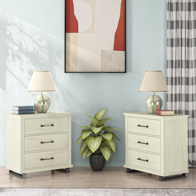 3-Drawer Nightstand with Elevated Metal Legs, Set of 2 - Antique White
