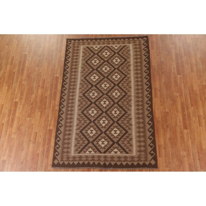 Reversible Geometric Kilim Area Rug Flat-weave Wool Carpet - 5'3" x 8'1"