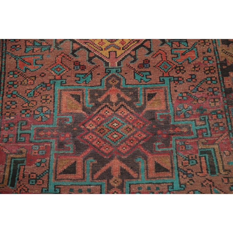 Hand Knotted Oriental 100% Wool Carpet Traditional Geometric Pink Heriz Runner Rug - 9' 5'' X 3' 0''