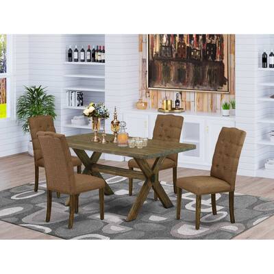 HomeStock 5-Piece Rectangle Distressed Jacobean Finish Solid Wood Top Dining Table with 4 Upholstered-Chairs with Lattice Back