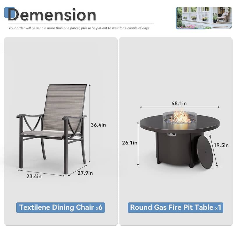 Kullavik Textilene Chairs and Round Gas Fire Pit Table, Outdoor Patio Furniture Set