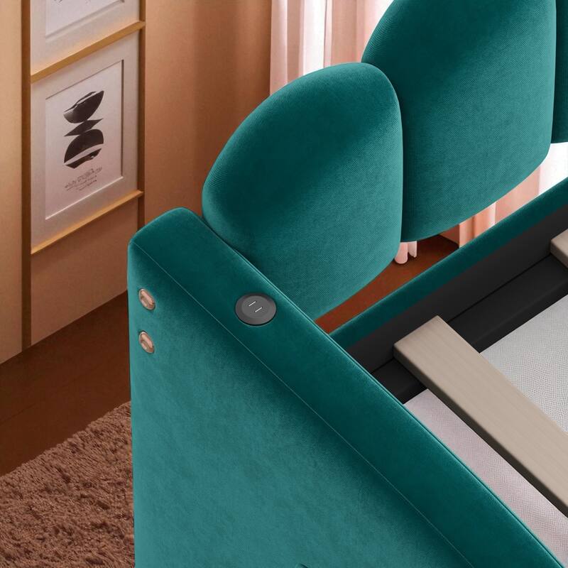 Twin Size Velvet Upholstered Daybed with Trundle, USB Charging Ports, Side Pockets, No Box Spring Required
