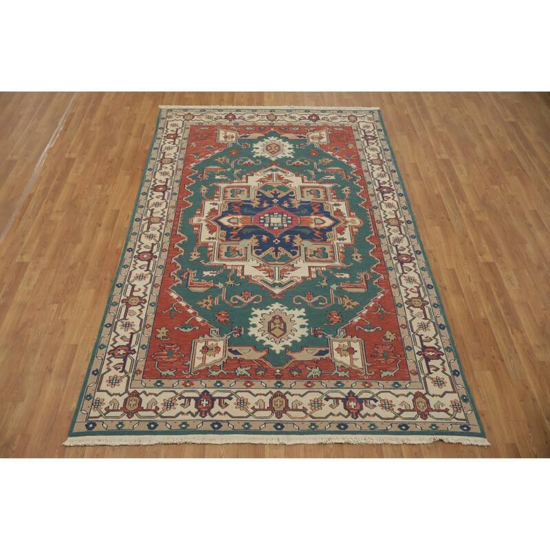 Hand Knotted Oriental 100% Wool Carpet Traditional Geometric Green Heriz (serapi) Area Rug - 8' 9'' X 5' 9''