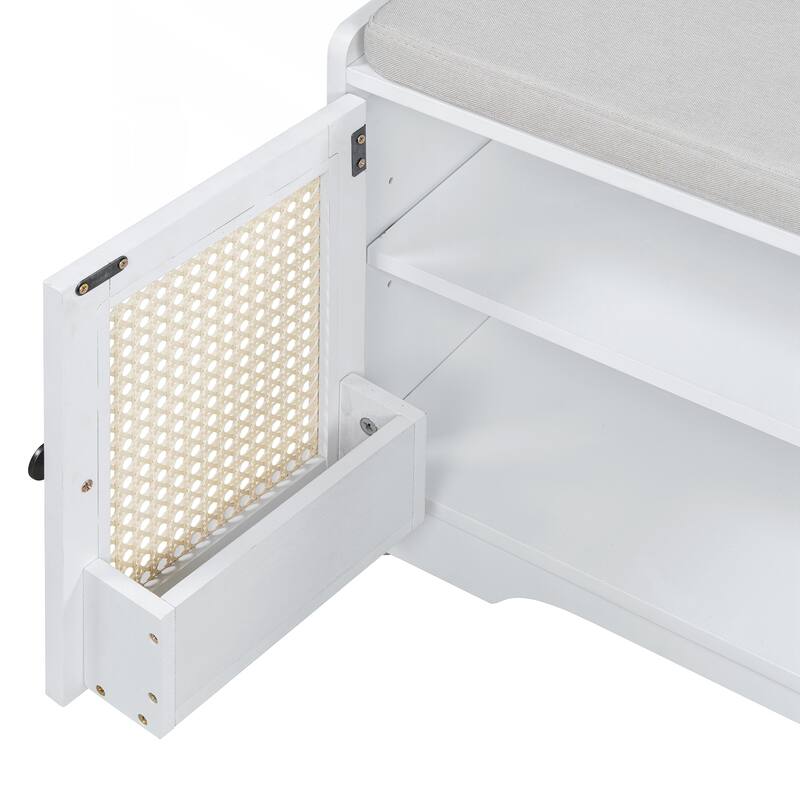 Rustic Storage Bench Multifunctional Wood Entryway Shoe Bench with Removable Cushion, Woven Rattan Doors & Adjustable Shelves