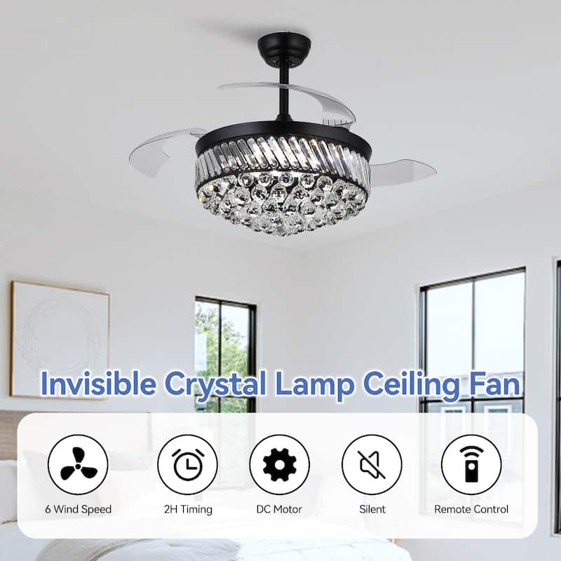 48" Crystal Fandelier Ceiling Fan with Light and Retractable Blades LED Dimmable for Bedroom Living Room - 48 Inches