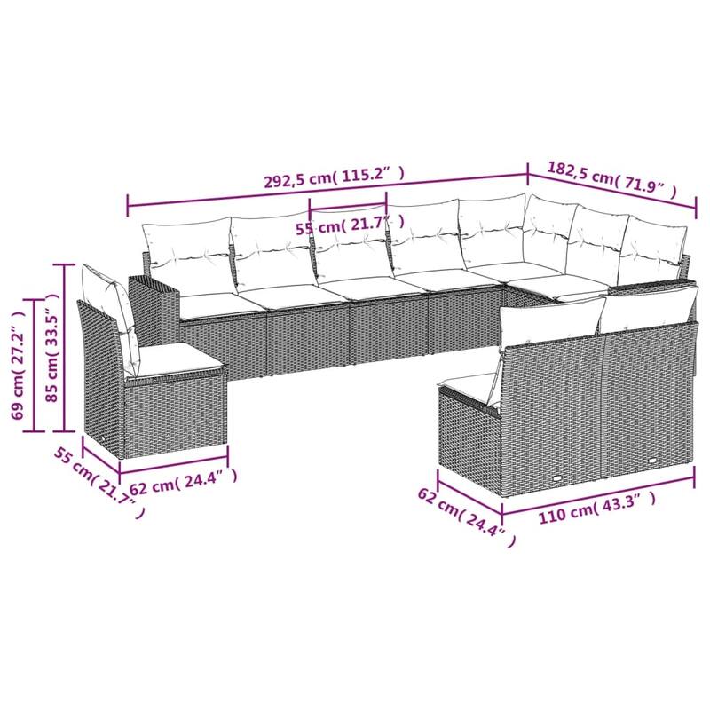 vidaXL 10/11 Piece Patio Sofa Set with Cushions Black Poly Rattan - 24.4" x 24.4" x 27.2"
