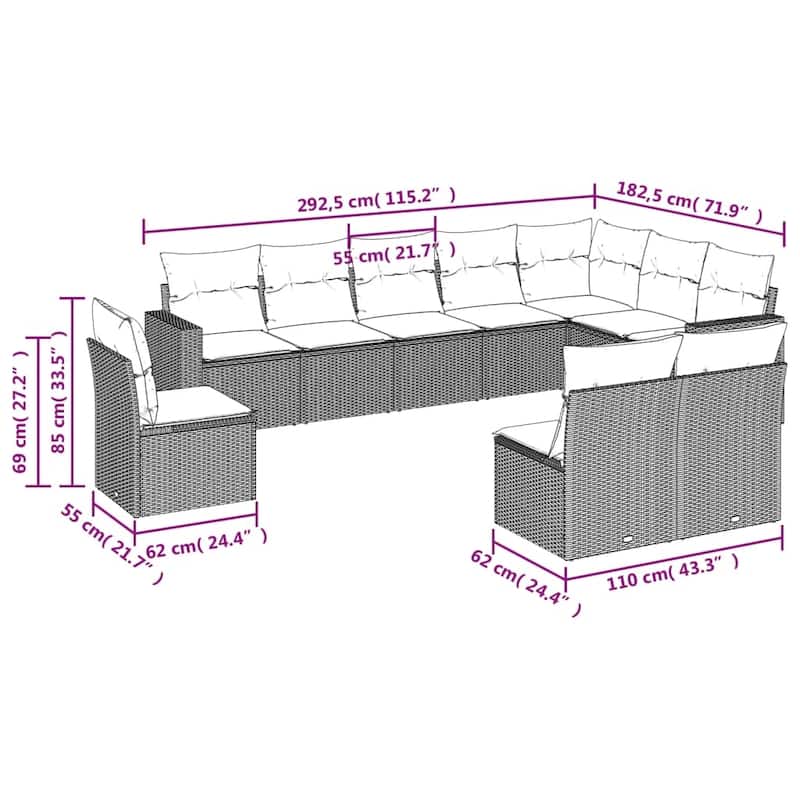 vidaXL Patio Sofa Set with Cushions Outdoor Conversation Furniture Poly Rattan - 25.8" x 24.4" x 27.2"