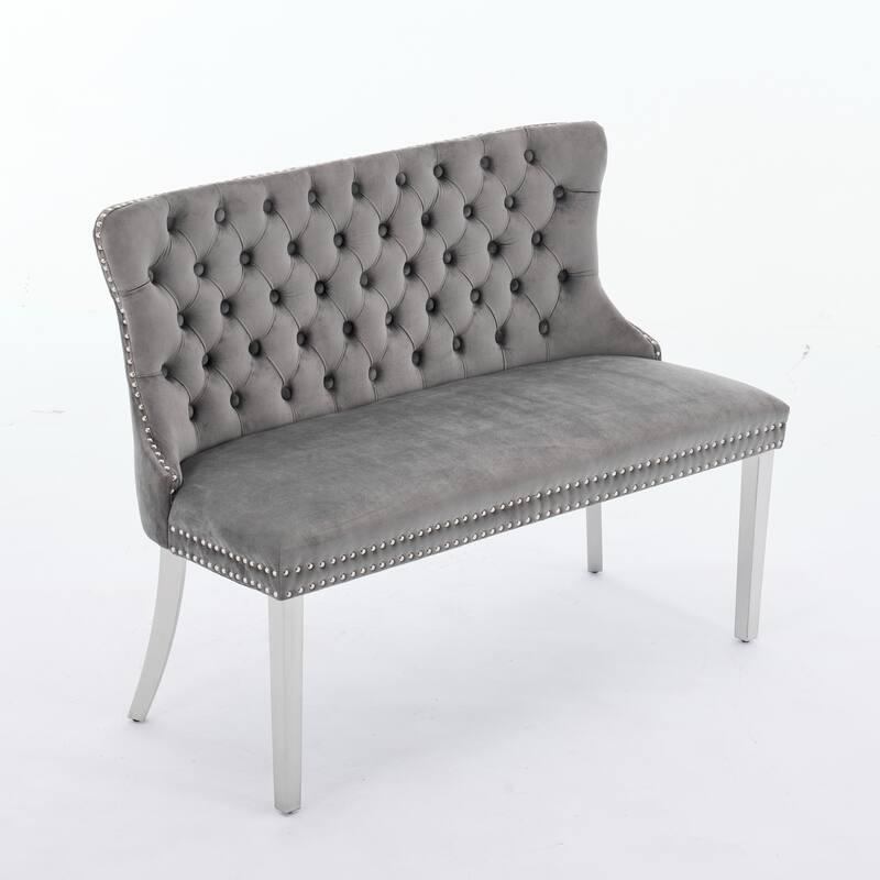 Velvet Double Dining Loveseat Bench, 2-Seat Tufted Bench w/Handmade Buttons, Wing Back, Gold-Plated Steel Legs, Single Pack