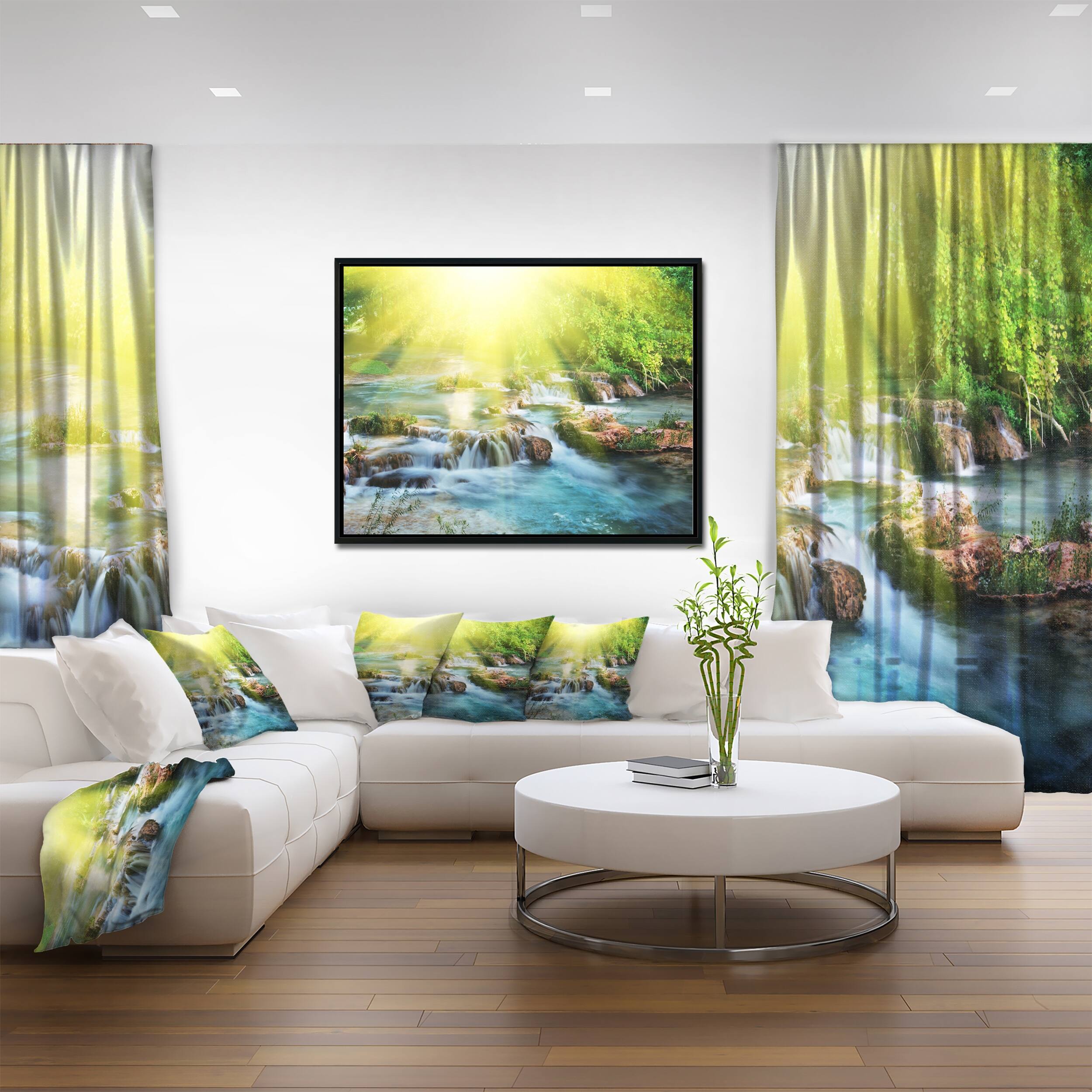 Designart "Water Cascade under Shiny Sun" Modern Beach Framed Canvas Art Print Bed Bath