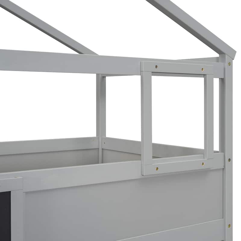 Twin Over Full Bunk Bed with Fun House Design, Storage Stairs, and Blackboard, Ideal for Kids' Rooms