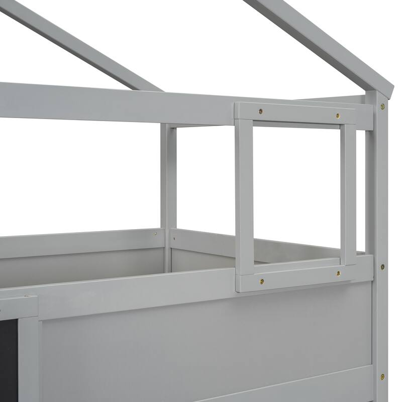 Twin over Full Bunk Bed with Storage Stairs and Blackboard, Gray