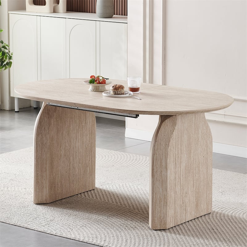 Modern Extendable Oval Table, Sleek Dual-Pillar Design - Natural Wood