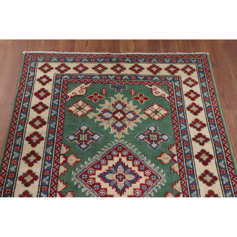 Green Geometric Kazak Foyer Rug Hand-Knotted Wool Carpet - 3'3" x 4'10"