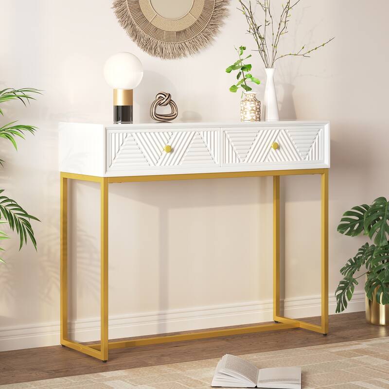 38" Modern Console Table with Two Drawers and Gold Metal Base for Entryway, Living Room - White