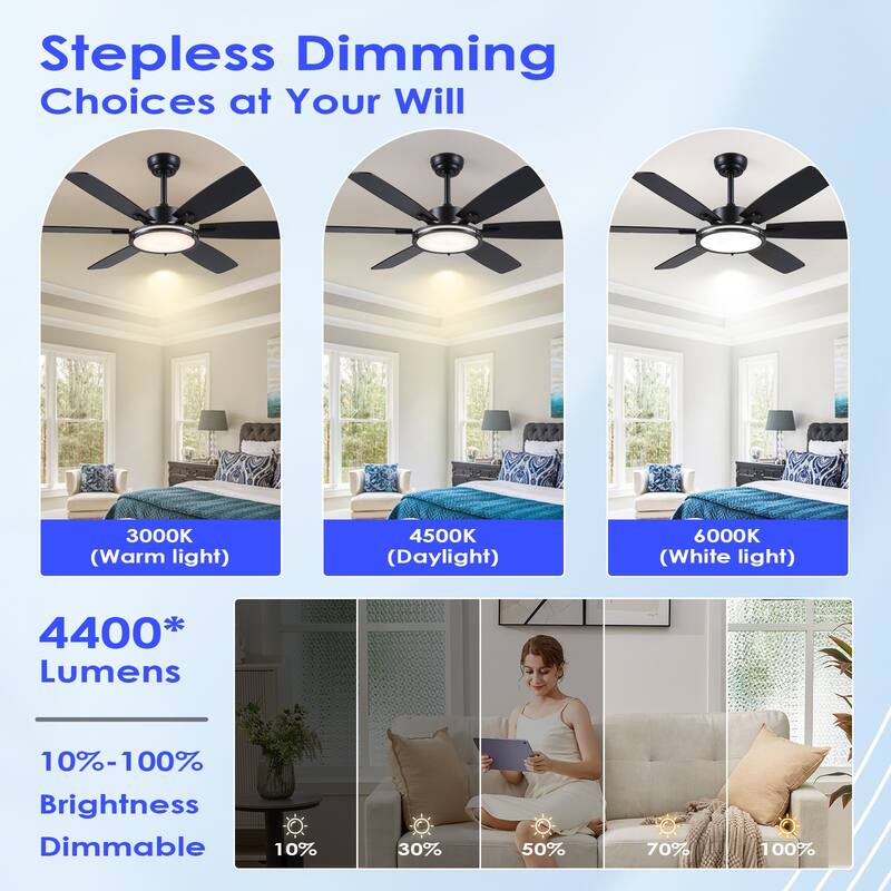 52" Ceiling Fan with Light and Remote,3 Color LED Light,Retracable Blades - 52 Inches
