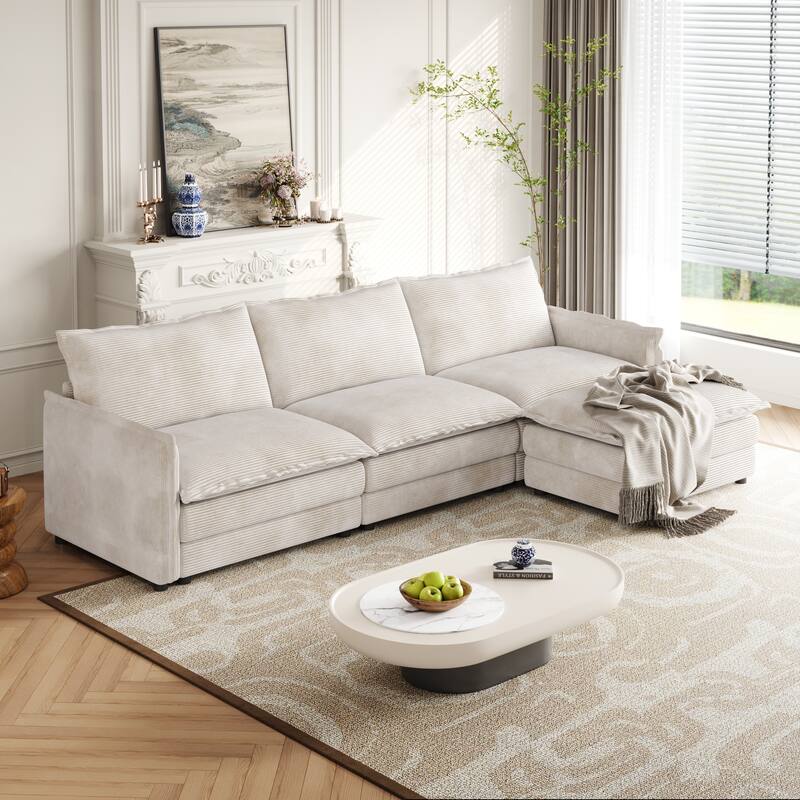109" Corduroy 3-Seater Cloud Sectional Sofa with Movable Ottoman