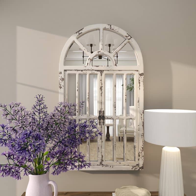 Wood Window Pane Inspired 2 Door Room Wall Mirror with Arched Top and Distressing - White - Roche River Decor