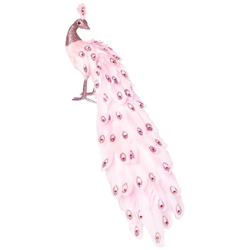Peacock with Glitter and Faux Jewels Christmas Decoration - 20" - Light Pink