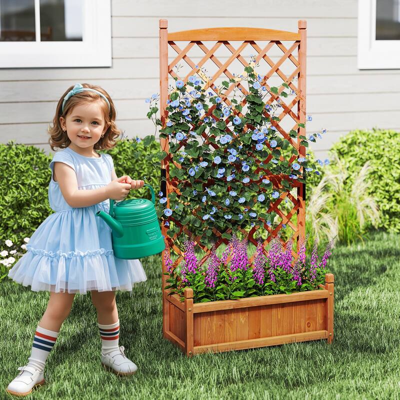 Gymax 60'' Tall Raised Garden Bed w/ Diamond Lattice Trellis Drainage