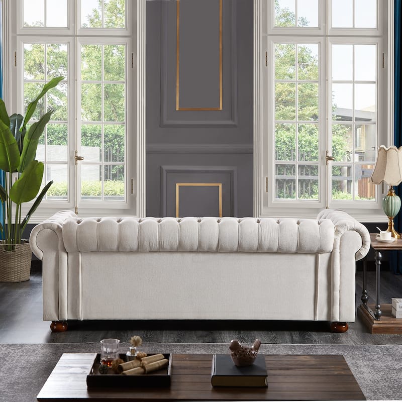 Beige Linen Fabric Chesterfield Sofa, 88x37x28 inches