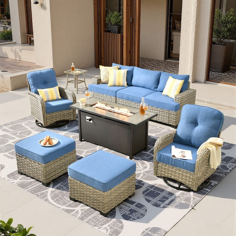 HOOOWOOO 9-piece Patio Sofa Wicker Swivel Rocking Chair Conversation Set - Diamond Blue