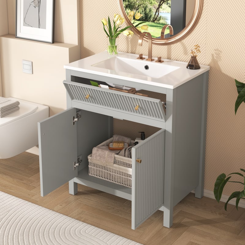 Roomfitters 30" Vanity with Ceramic Sink, Freestanding Cabinet with Soft Closing Doors, Modern Bathroom Design, Grey