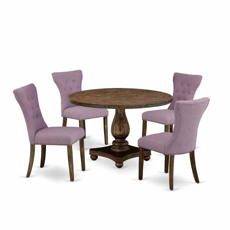 East West Furniture Dining Set- a Dining Room Table and Dahlia Linen Fabric Chairs, Distressed Jacobean (Pieces Option)