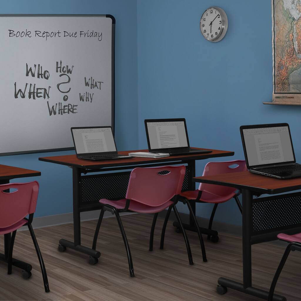 72" x 24" Flip Top Mobile Training Table with Modesty Panel- Cherry and 2 "M" Stack Chairs- Burgundy