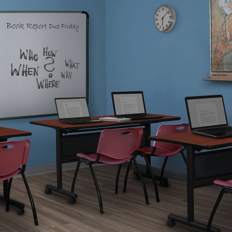 72" x 24" Flip Top Mobile Training Table with Modesty Panel- Cherry and 2 "M" Stack Chairs- Burgundy