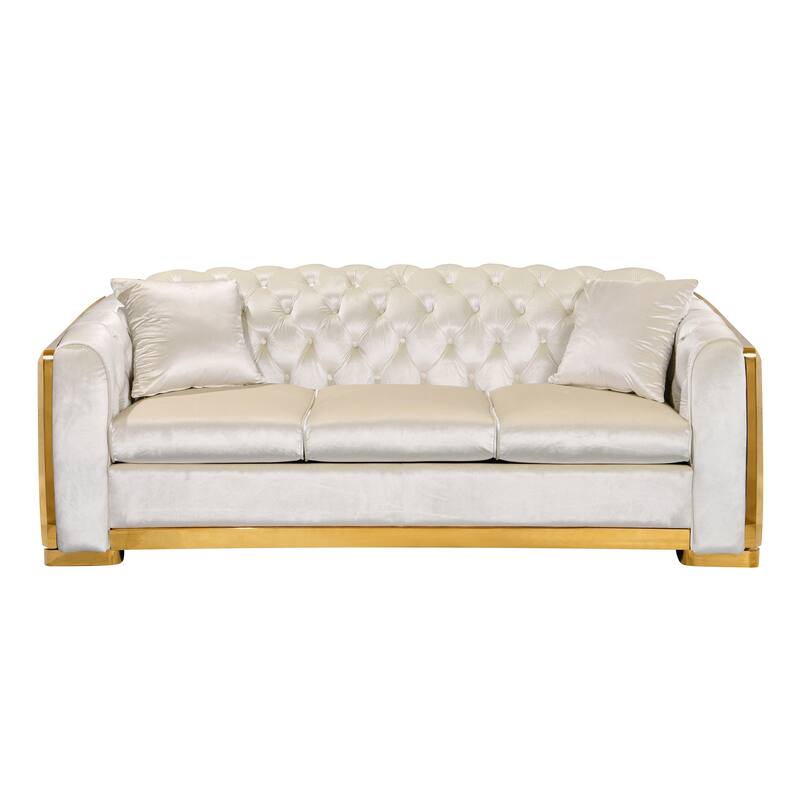 High-End European Design Velvet Chesterfield Sofa with Gold Stainless Steel Legs - 3-Seat Couch