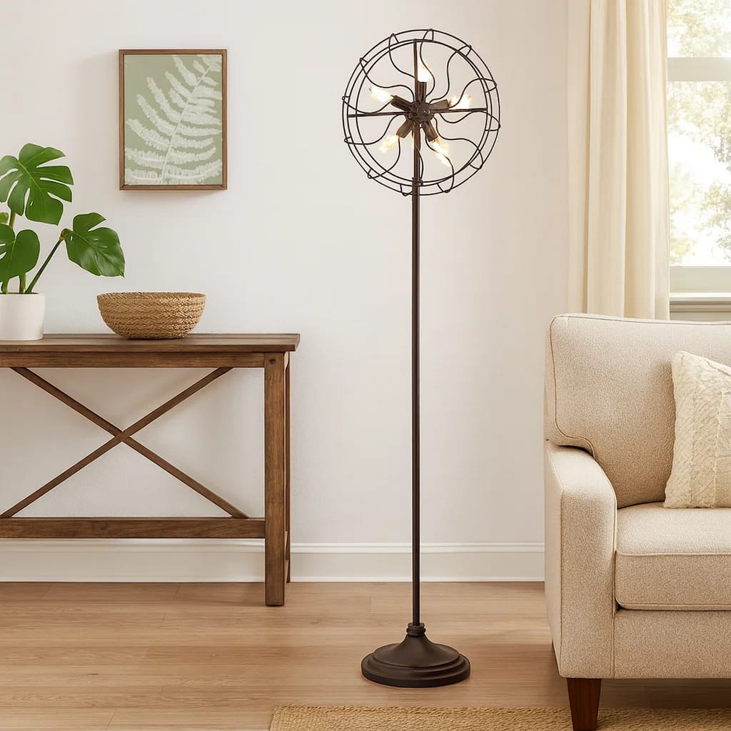 Quinn 63 Inch Accent Floor Lamp, Vintage Fan Design, Antique Bronze Finish