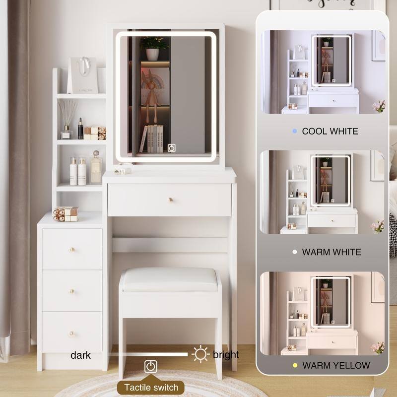 Modern Style Wood Make up Vanity with Lights,Make up Organizer with Cushioned Stool