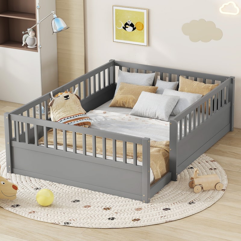 Montessori Gray Wooden Floor Bed for Kids, Full Size with Safety Fence - Gray