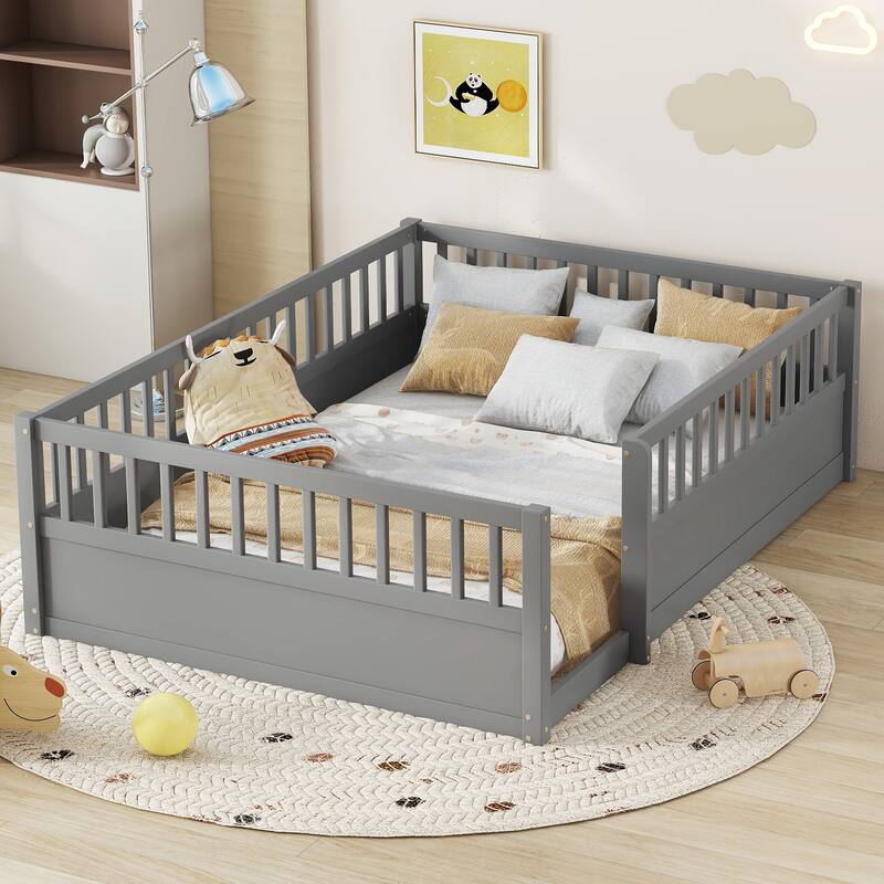 Solid Wood Floor Bed Frame without Slats, Montessori Kids Floor Beds with Full Length Fence, No Box Spring Needed