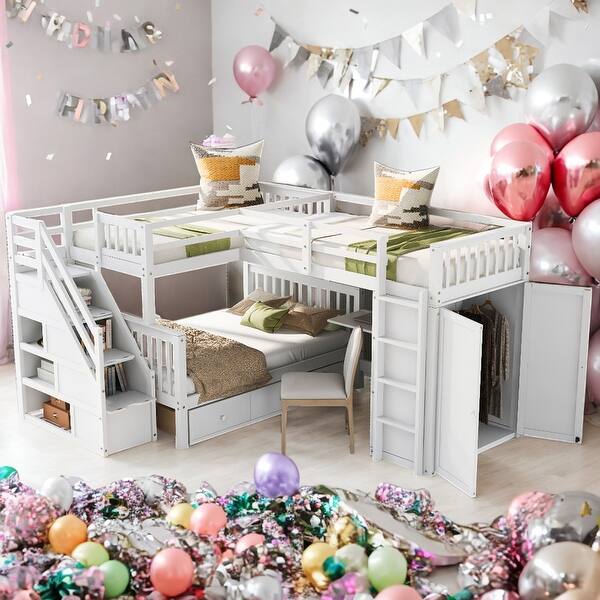 slide 2 of 20, Modern Twin-Twin over Full L-Shaped Bunk Bed With 3 Drawers,Portable Desk and Wardrobe White
