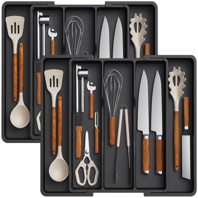 Expandable & Adjustable Utensil Drawer Organizer - Black Large - Black - 2