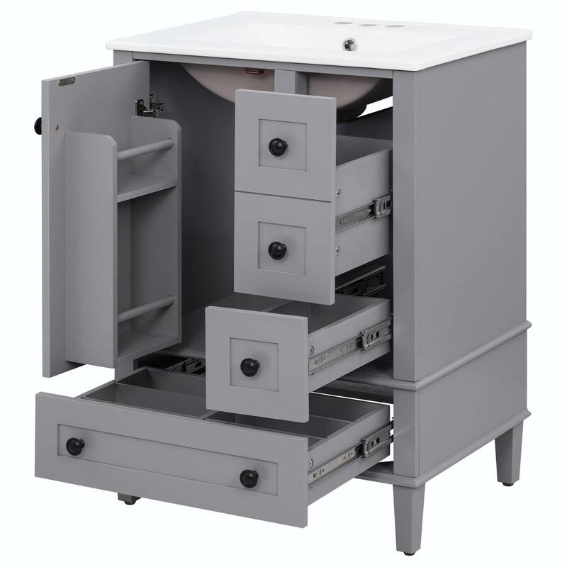 24" Bathroom Vanity with Ceramic Sink, Soft-Close Drawers, Soft-Close Door & Door-Mounted Shelf