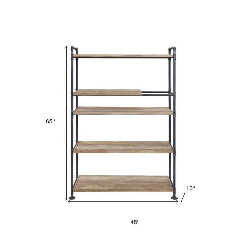 HomeRoots 65" Natural And Black Metal and Wood Five Tier Etagere Bookcase