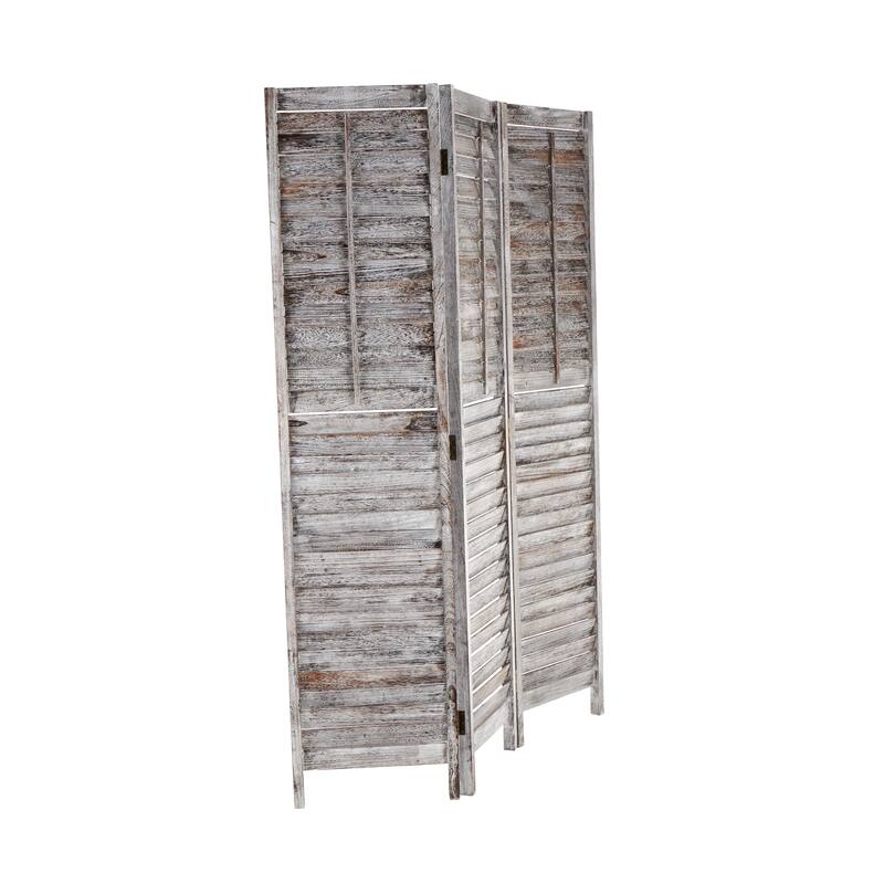 Gray Wood Distressed Shutter Top 3 Panel Partition Room Divider Screen with Brown Accents