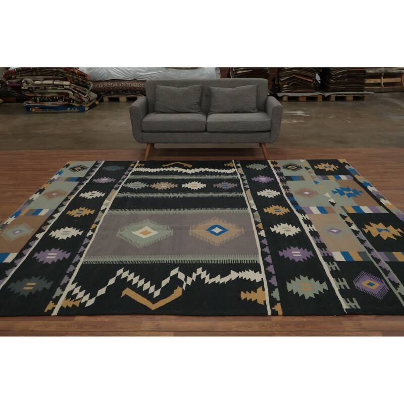 Hand Woven Oriental 100% Wool Carpet Southwestern Tribal Black Kilim Area Rug - 10' 2'' X 9' 10''