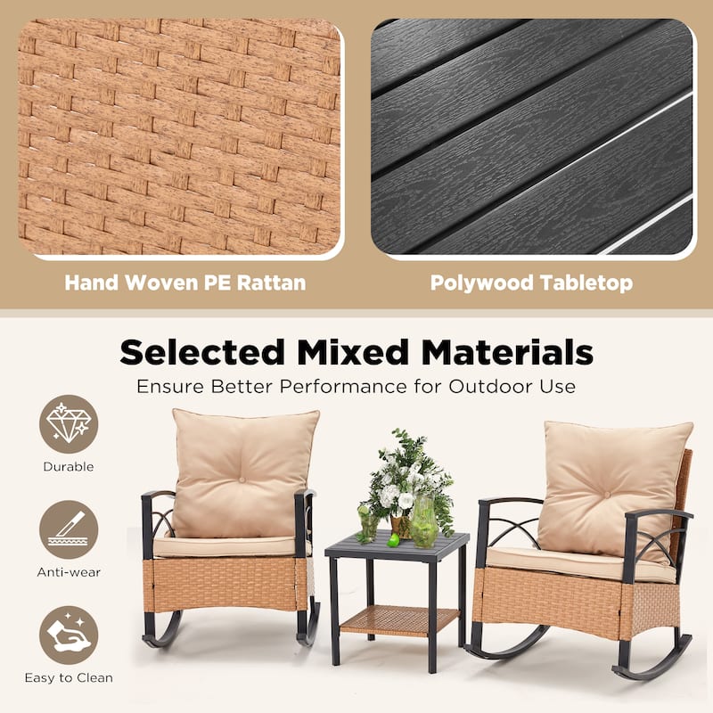 3-Piece Outdoor Rocking/Swivel Chair Set - PE Rattan Patio Furniture with Cushions & Coffee Table, Rocker Chairs for Backyard