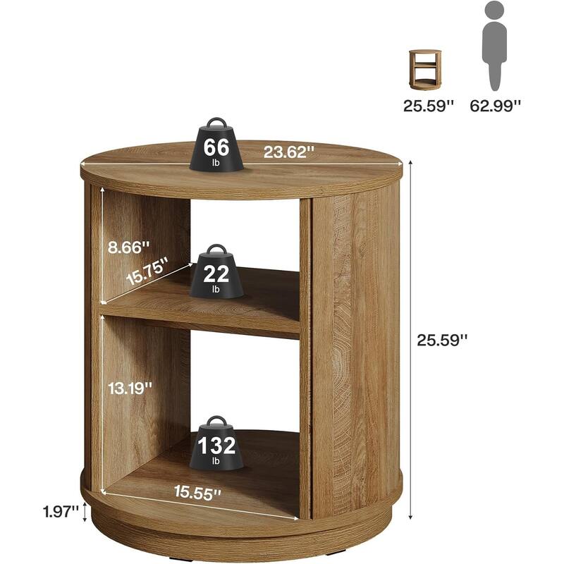 Modern Farmhouse 3-Tier Round Side End Table with Storage Shelves - 23.62" L × 23.62" W × 25.59" H