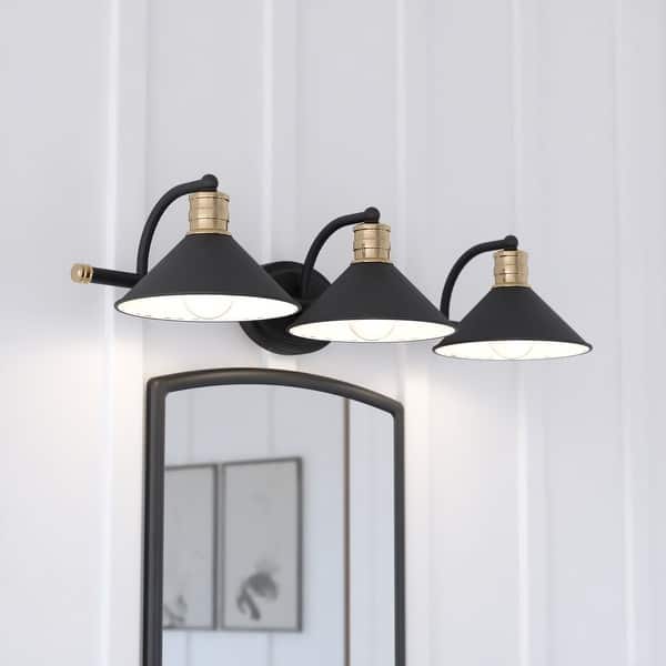 slide 2 of 13, Akron 3-Light 28 in. W Bathroom Vanity Lighting Fixture, Metal Shade, Dimmable LED Compatible, Over the Mirror Mount Wall Sconce 28-in W x 6.25-in H x 10-in D - Matte Black and Natural Brass