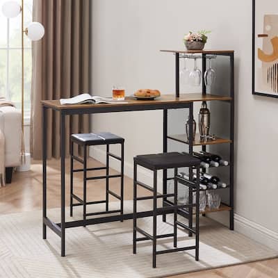 Javlergo 3-Piece Bar Table Set, Rectangular Wood Counter Height Table with 2 Upholstered Stools, Wine Rack & Glass Holder